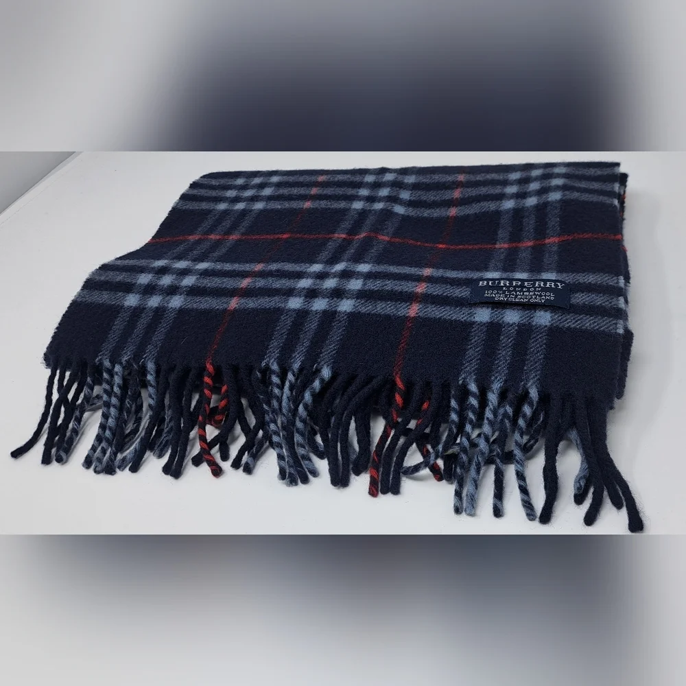 Burberry Vintage Scarf Nova Check 100% Cashmere Wool Scotland Navy Y2K 72" x 12" - Picture 5 of 13